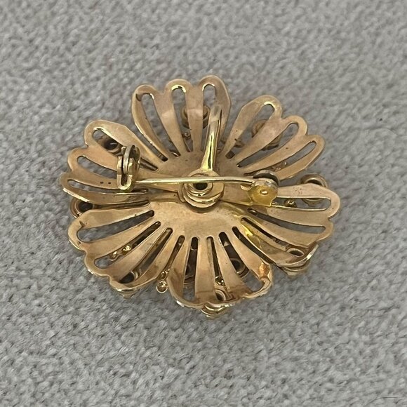 Vintage Gold Tone Red White Blue Rhinestone Flower Brooch Pendant 1950s Costume - Picture 3 of 6